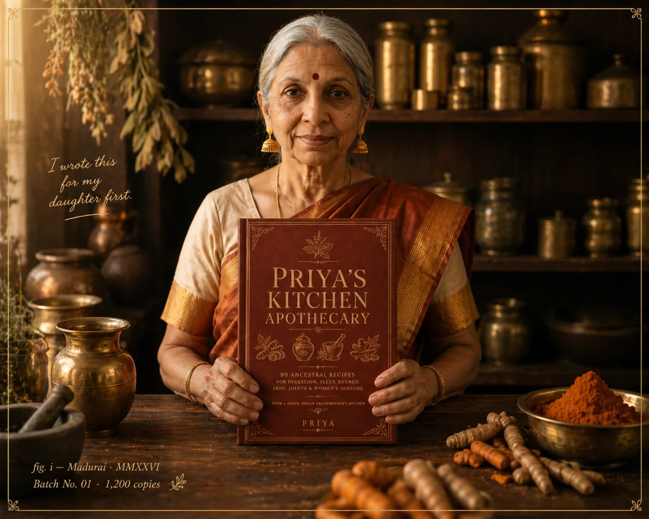 Priya, a South Indian grandmother, holding her hardcover book Priya's Kitchen Apothecary in front of a wooden shelf of brass spice jars in warm amber light