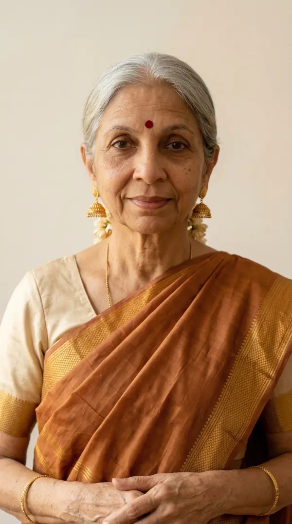Priya, a South Indian grandmother in her late sixties, with silver hair, gold earrings, and a maroon sari, looking warmly at the camera