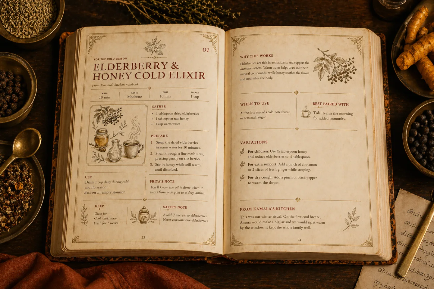 Open recipe book showing 'Elderberry & Honey Cold Elixir' from Kamala's kitchen notebook, surrounded by brass bowls of dried elderberries, juniper, turmeric and herbs